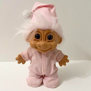 Vtg Russ Bedtime Sleepy Troll Doll Pajamas Pink Stripe Nightcap 8 Inch Tall